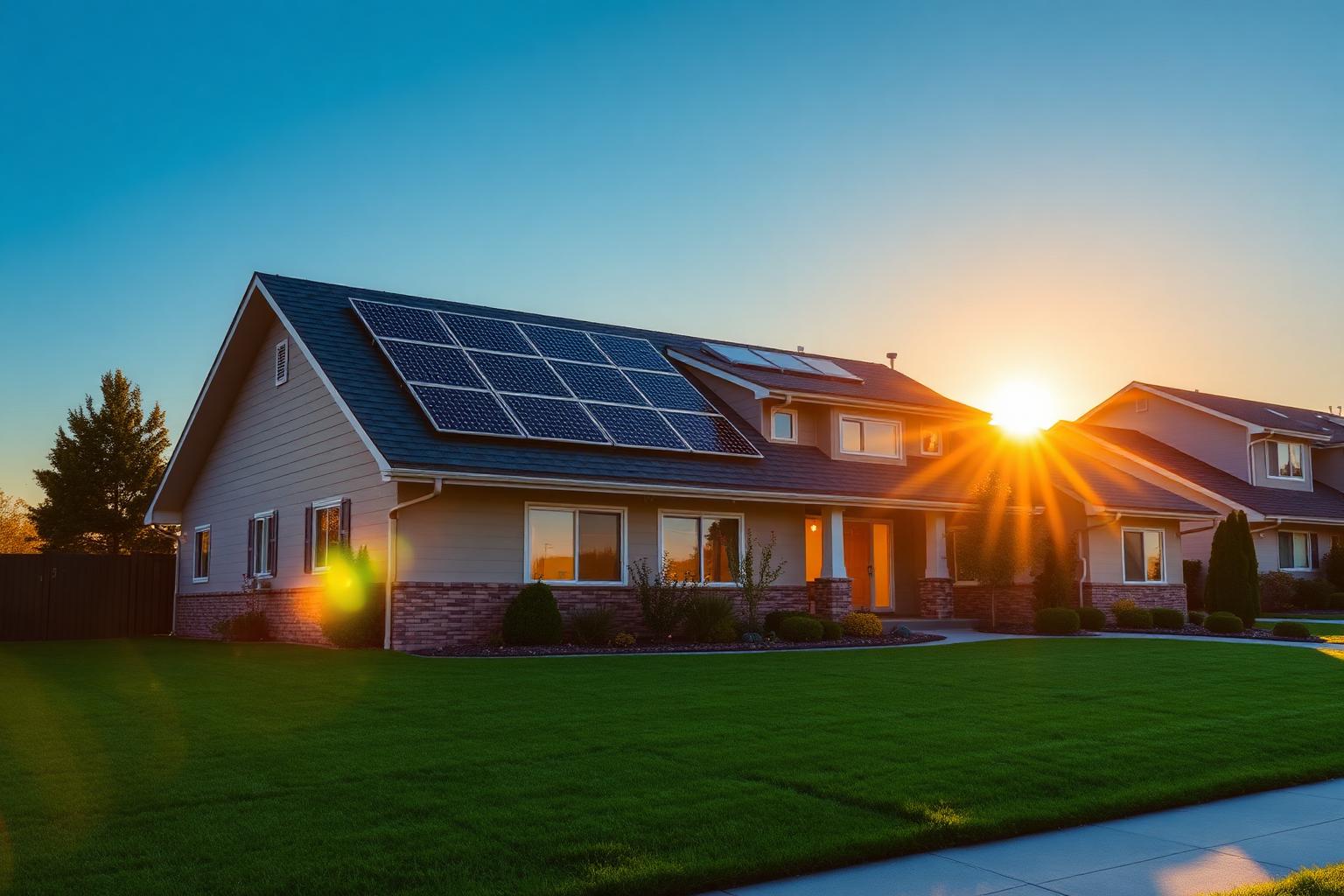 Modern home with rooftop solar panels at sunset